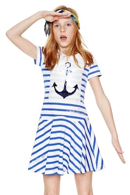 DESIGUAL Girls' Sailor Stripe Summer Dress Sequin Anchor Size 5-6 - Image 1 of 4