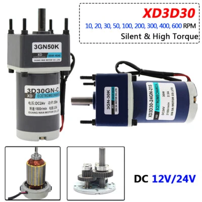 DC 12V/24V Micro Gearmotor 30W Silent Metal Gearbox Motor 10RPM to 600RPM XD3D30 - Image 1 of 4