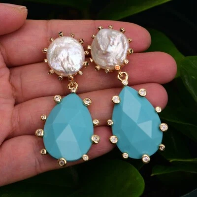 Cultured White Coin Keshi Pearl Blue Turquoise Cz Pave Teardrop Dangle Earrings - Image 1 of 4