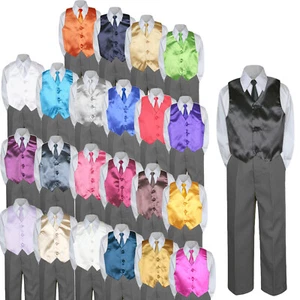 New Boy Teens Formal 4pc Dark Gray Pants Choose a Color Vest+ Long tie 4T-20 - Picture 1 of 25