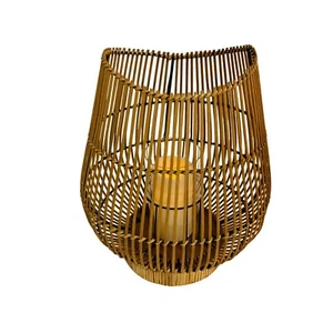 Boho Bamboo Candle Holder Lantern Glass Insert 16" Curved Rustic Home Decor Tabl - Picture 1 of 20