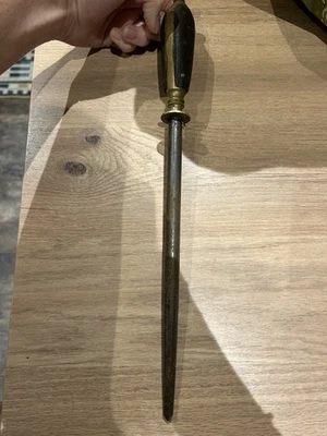 Vintage Butchers Sharpening Steel. Carved Wood Handle, Brass Ferrule  - Image 1 of 4