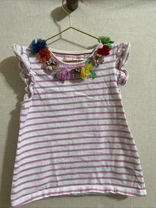Mini Boden Pink And White Tee, Size 7-8, Flowers At Neckline - Picture 1 of 5