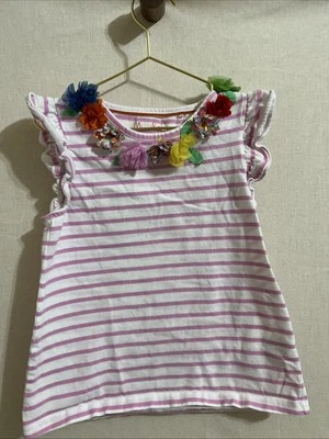 Mini Boden Pink And White Tee, Size 7-8, Flowers At Neckline - Image 1 of 4