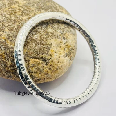 Heavy Hammered Sterling Silver Bangle: 7mm Solid Cuff Bracelet - Image 1 of 4