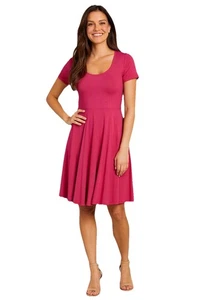 Fuchsia Jersey Knit Skater Dress Small Short Sleeve Fit & Flare - Picture 1 of 8