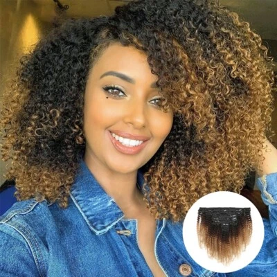 12" Ombre Afro Kinky Curly Clip in Human Hair Extension Clip Ins Hair Weft 120g - Image 1 of 4