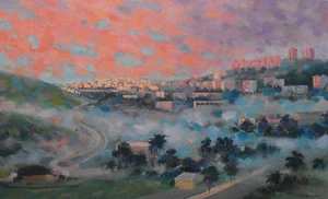 Bild auf Leinwand Wandbild Ölgemälde Geschenkidee rosa Himmel Israel Landschaft Stadt - Bild 1 von 1