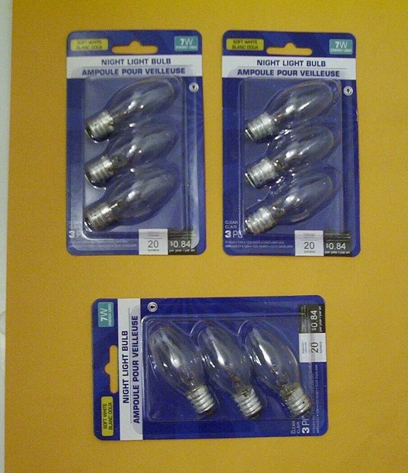 (9) 7 watt Clear night light bulbs candelabra base **NEW**  7W C7 base - Image 1 of 1