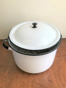 Vintage/Antique White Black Rim Enamel Pot with Handles Lid Kitchen Cookware - Picture 1 of 12
