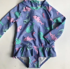 Girls Bathing Suit Size 6 Months OshKosh One Piece Long Sleeve Ruffle Narwhal - Picture 1 of 11