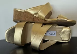 Size 7 New $450 Jimmy Choo Samara Gold Sandals Designer Shoes Cork Wedge Heel - Picture 1 of 5