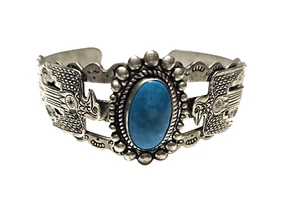 Vintage Silver & Turquoise Cuff Bracelet Navajo Fred Harvey Era Thunderbird - Picture 1 of 5