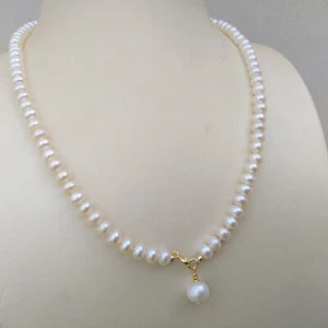 Collar de Perlas Blancas Mar del Sur Diseño Clásico 17" + Colgante Redondo Oro 14k P - Imagen 1 de 11