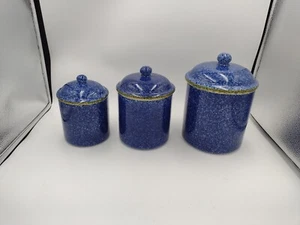 Set Of 3 Over And Back Inc Blue Cobalt Speckled Ceramic Canisters W Lid Portugal - Picture 1 of 6