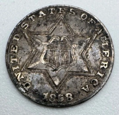 1858 Three Cent Silver "Trime" US Coin / 3CS / Circulated - Image 1 of 2