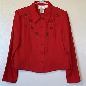 Vintage Karin Stevens Damen Petite 14 Blazer rot Blumenstickerei Perlen hinten offen - Bild 1 von 11