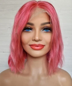 Bright Pink Short Bob 100% Human Hair Wig 13x4 Lace Front Freepart - Picture 1 of 7