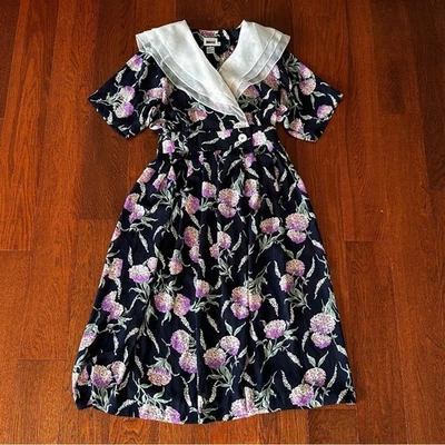 Vintage Floral Print Midi Dress with Collar 80s does the 50s Leslie Fay Spring - Image 1 of 4