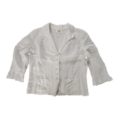 Talbots Irish Linen White Cropped Blazer 3/4 Ruffle Sleeve Size 14 PETITE  - Image 1 of 4