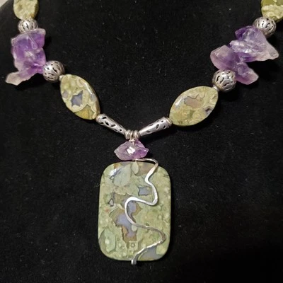 Collar con cuentas de plata esterlina de jaspe amatista selva tropical piedras preciosas naturales 18" Foto 1 de 4