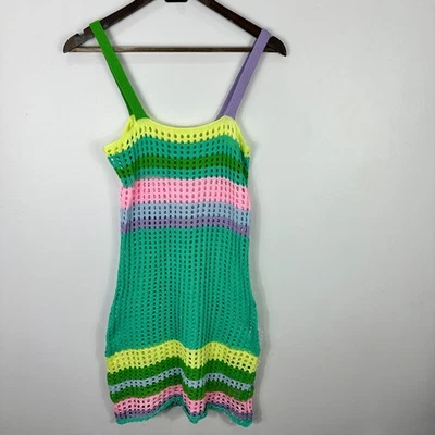 Crochet Knit Mini Dress XS Rainbow Stripe Mesh Y2K Festival Rave Beach Indie - Image 1 of 4