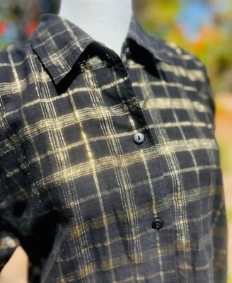 LizWear Black Gold Metallic Plaid Oversized Unstructured Long Sleeve Blouse Sz M - Image 1 of 4