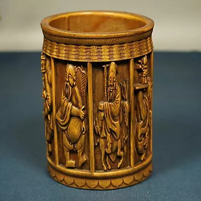 Chinese Natural Bamboo Carving Figure Statue Nice Brush Pot Office Supplies Art • 129.99$