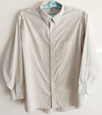 GEOFFREY BEENE 男式 18 1/2 31-35 棕褐色和白色条纹长袖正装衬衫 — 第 1/4 张图片
