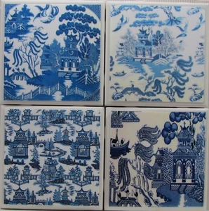 Set of 4 - Natural Stone Ceramic Tile Marble Drink Coasters - Blue Willow 2D - Picture 1 of 7