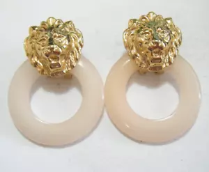 Large Vintage 80's Gold Lions Rose Quartz Door Knocker Hoop Earrings - Picture 1 of 5