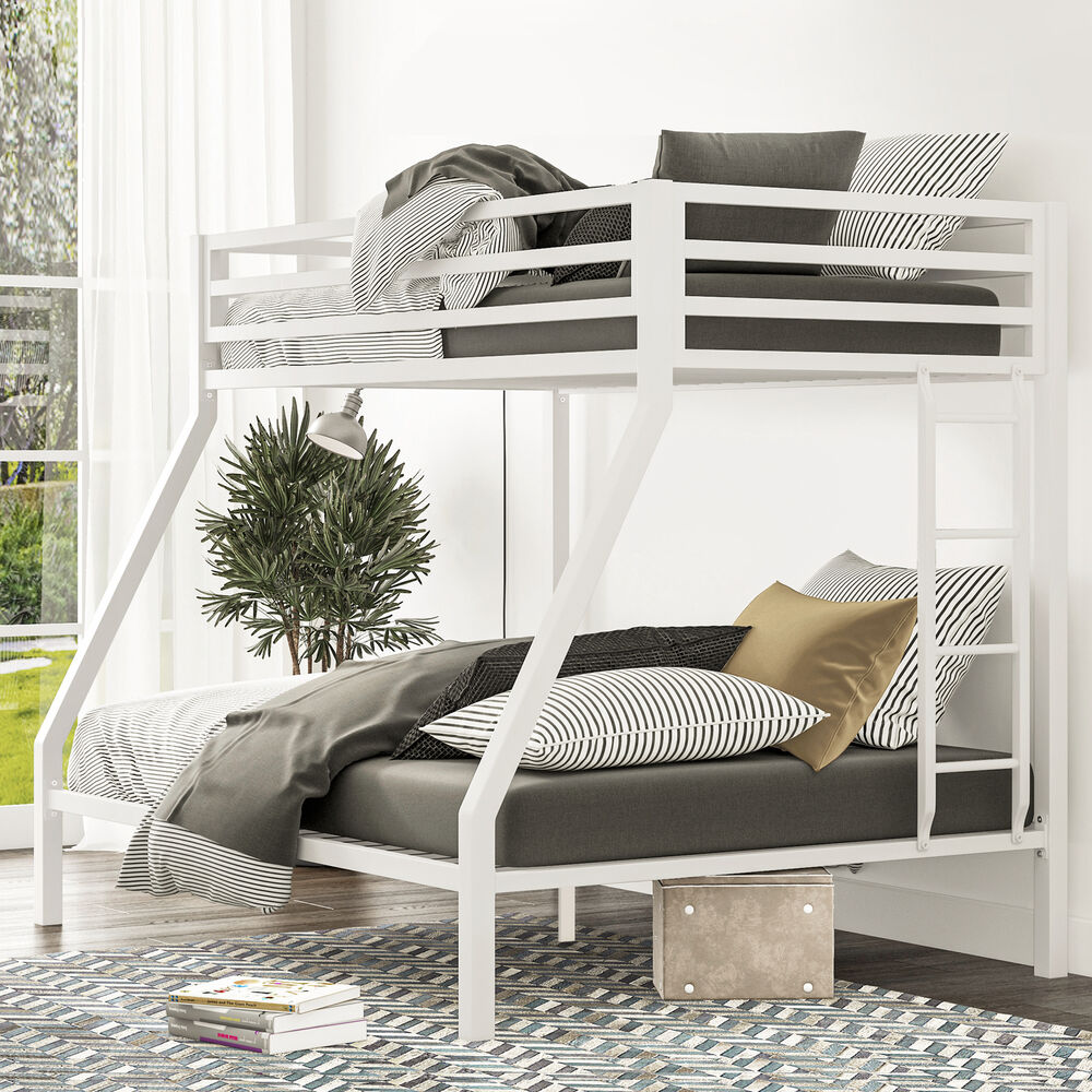 Metal Bunk Bed Twin Over Full Size with Removable Stairs,for Teen & Adults,White