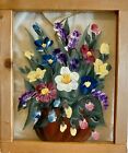 Hand Painted Glass Floral w/Vase Pattern Wood Frame "SUNCATCHER" Vintage Signed