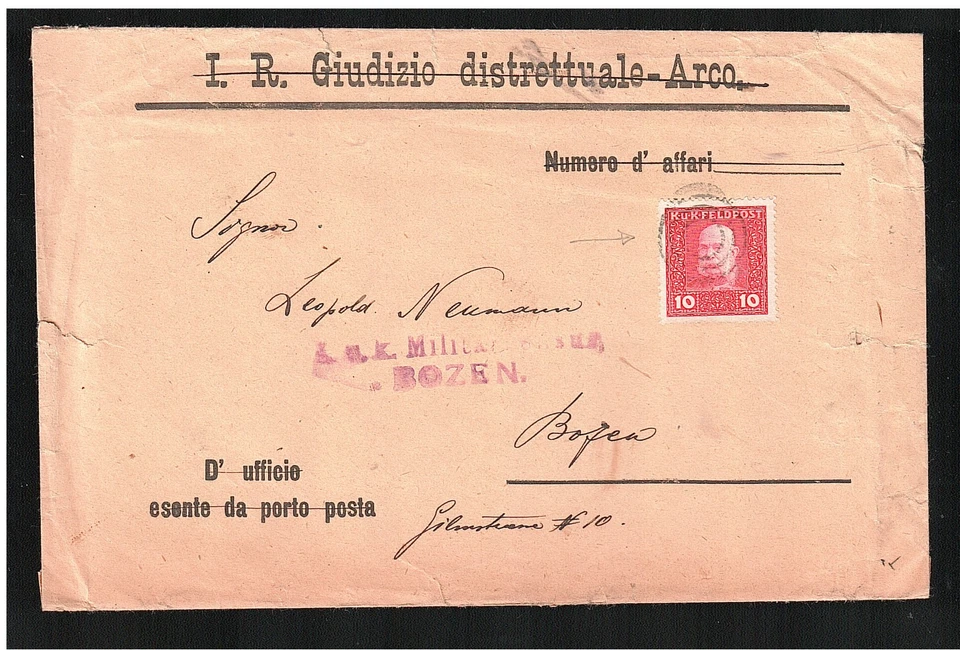 Busta da Arco (Trento) anno 1917/1918 con raro annullo timbro muto RRRR - Immagine 1 di 1