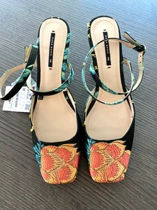 ZARA BLACK KITTEN HEEL SHOES WITH FLORAL EMBROIDERY DETAIL SIZE UK 5 BNWT - Picture 1 of 10