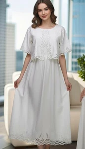 Hibis Lace Works Women's 2PC Maxi Dress Embroidered Eyelet Detail White Size XL - Picture 1 of 15