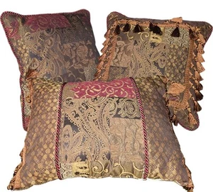 (3) Croscill Home Galleria Red/Gold/Brown Patchwork Decorative Pillows - Picture 1 of 11