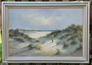 Original Oil Painting Signed Edger Beach Seagull Sea Ocean Sky Nautical Seaside - Picture 1 of 6