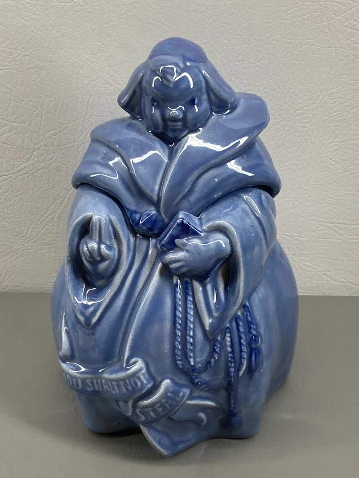 Red Wing Pottery BLUE Friar Tuck Cookie Jar THOU SHALT NOT STEAL 1940s Monk - Image 1 of 4