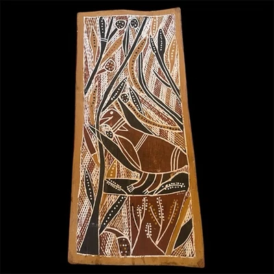 Pintura de corteza aborigen vintage Mangawila Daygurrr Yirritja La garza de la noche Foto 1 de 4