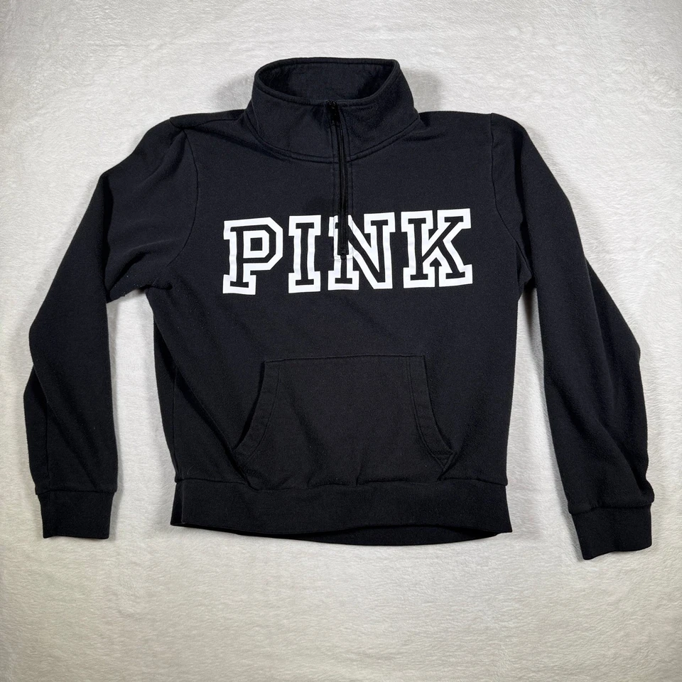 ROSA Victoria's Secret Cuarto Cremallera Sudadera Negro Logo Gráfico Pullover L Foto 1 de 4