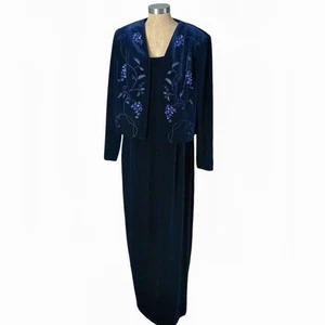 Vestido Adriana Papell 16W Maxi Azul + Chaqueta Cuentas Terciopelo Formal Madre de Novia - Imagen 1 de 18