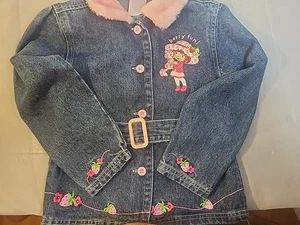Vintage Strawberry Shortcake Denim Jacket 1 w/ Faux Fur Collar Girls Size 7 - Picture 1 of 11