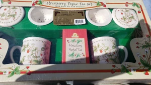 NEW Strawberry themed Tea set with 2 mugs, lids and strainers - Picture 1 of 4