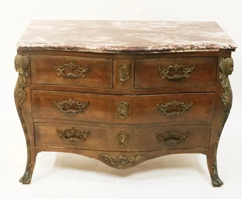 Antique Louis XV style furniture chest of drawers Bombe Chest Marble Top Ormolu Cover