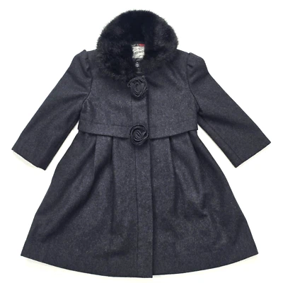 ROTHSCHILD VESTIDO MEZCLA LANA ABRIGO NIÑAS 3T IMITACIÓN PIEL CUELLO ROSA ACENTOS NEGRO Foto 1 de 4