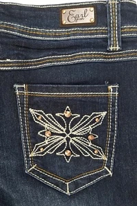 EARL JEAN Straight Leg Studs Embroidery Pockets Stretch Dark Denim Jeans 30X 32 - Picture 1 of 11