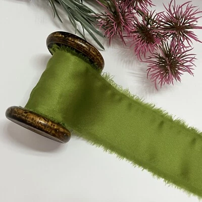 Olive Green Silk Ribbon 4cm Wide Hand Dyed With Frayed Edges, for Wedding's - Image 1 of 4