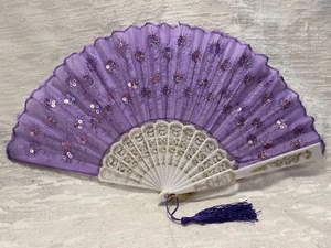 Fabric Embroidered Folding Handheld Fan Purple Sequins and Tassel -- 5337 - Picture 1 of 4