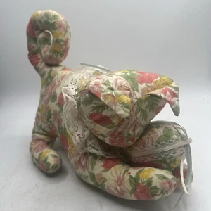 Fabric Cat Stuffed Doll Plush Pouncing Floral Country Chic Cottagecore Vintage - Picture 1 of 6